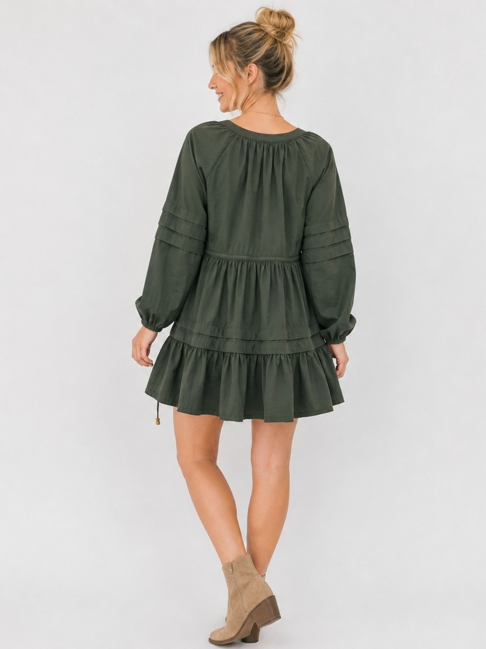 Madewell Olive Green V-Neck Tiered Mini Dress SP Oversized - Picture 2 of 10